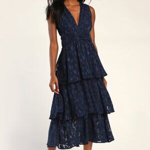 Lulus Make It Mesmerizing Navy Blue Jacquard Tiered Midi Dress - Size S